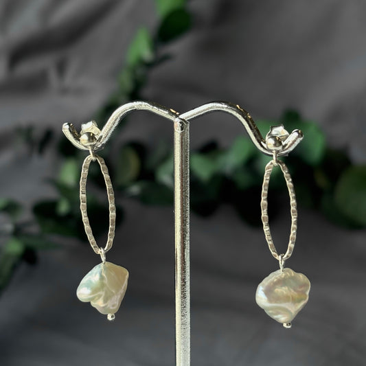 Brenda Wong, Hammered Marquise and Pearl Earrings