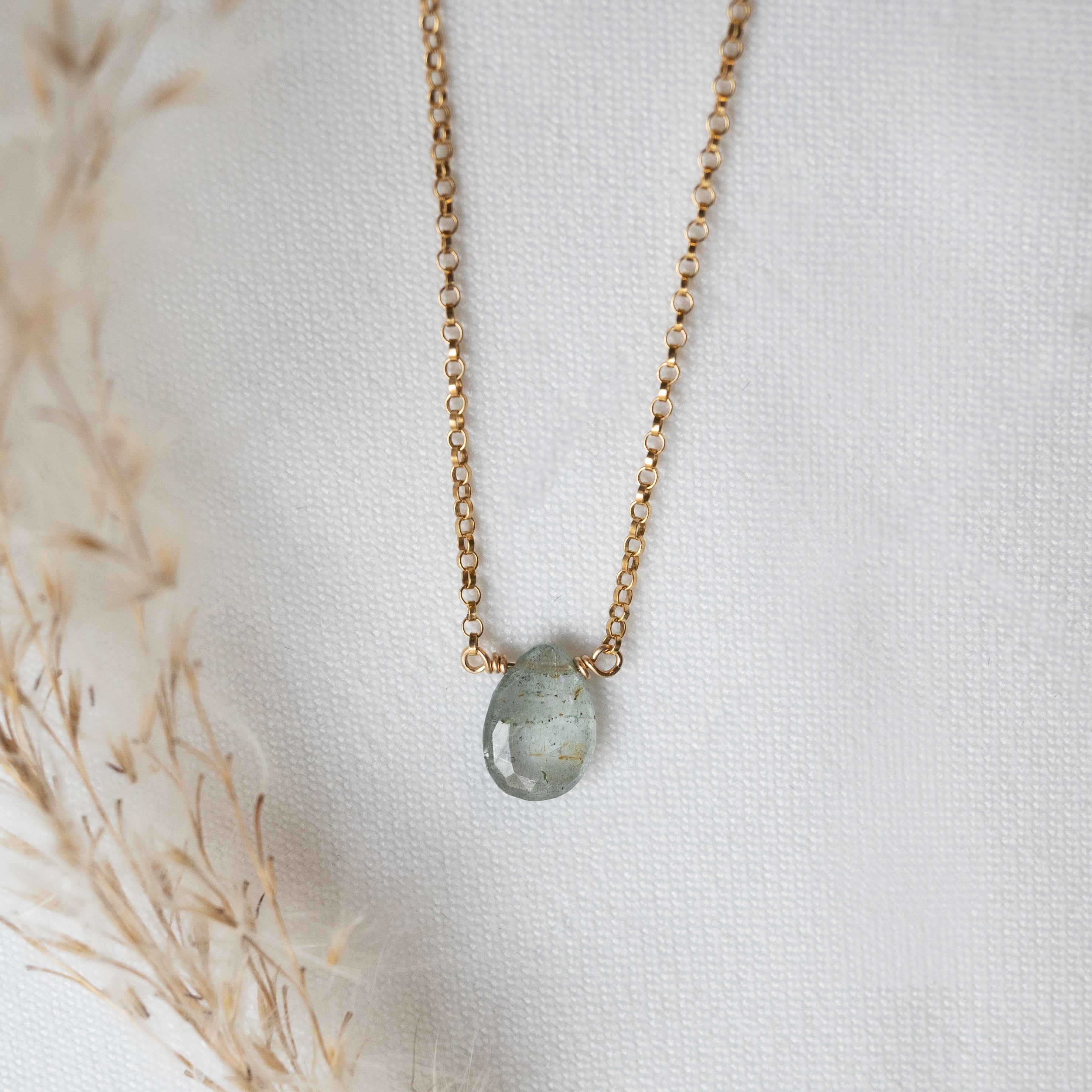 Kathryn Rebecca, Moss Aquamarine Pear Gold Necklace
