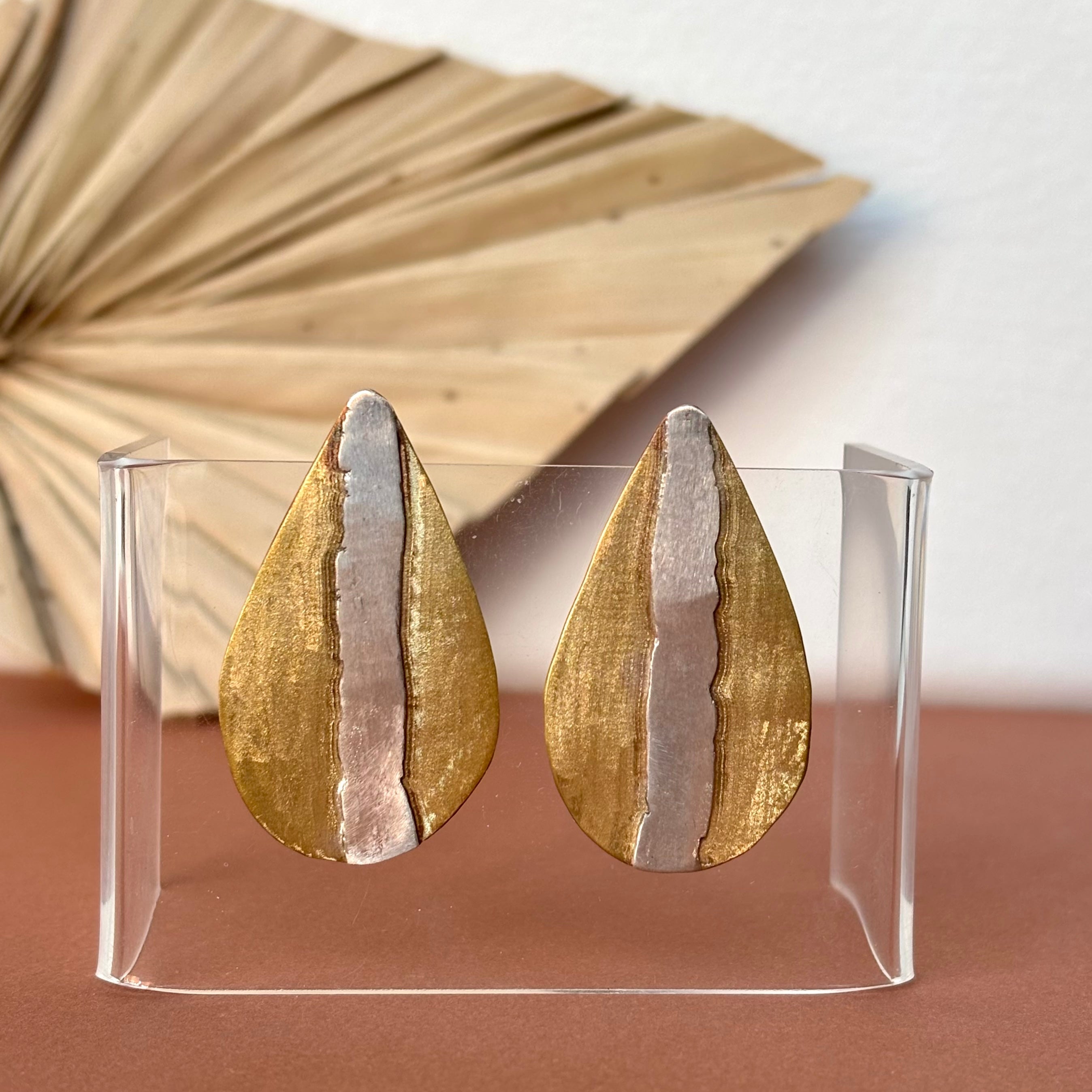 Galili Ellis, Teardrop Brass and Silver Appliqué Earrings