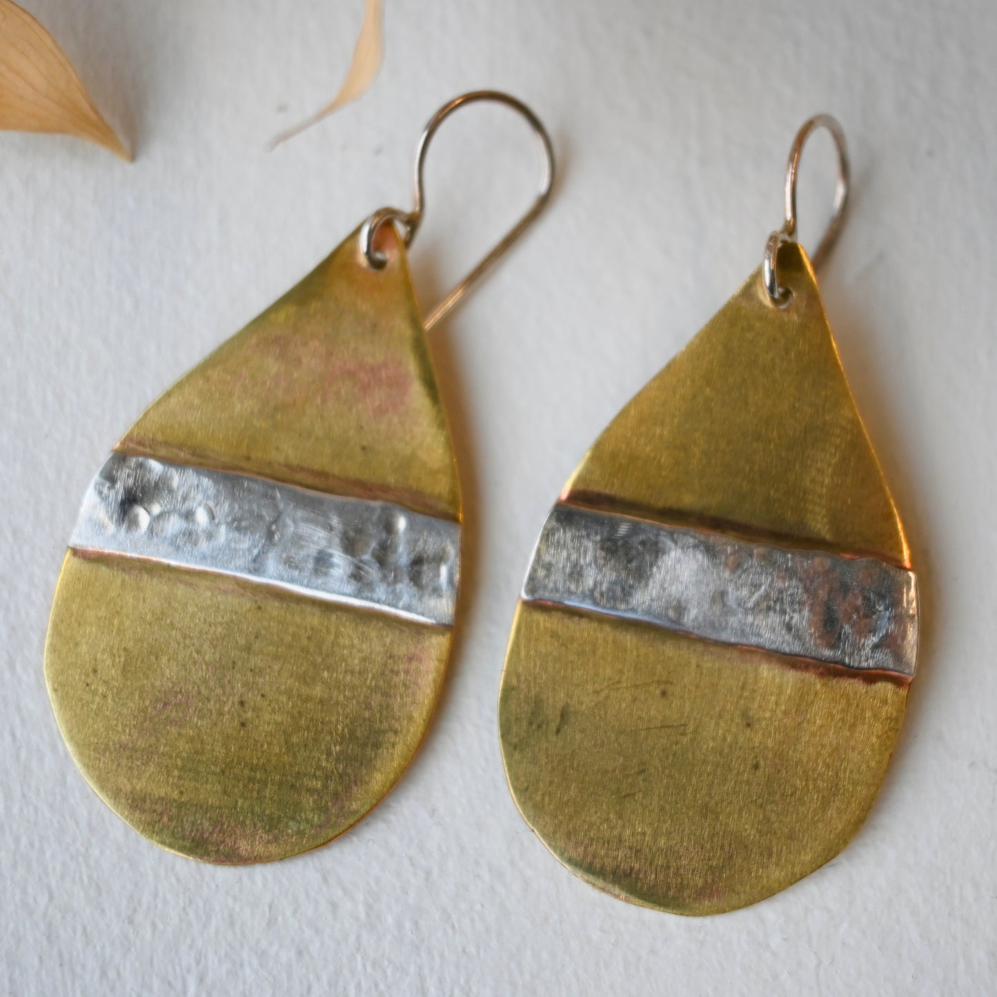 Galili Ellis, Brass Teardrop Earrings with Horizontal Silver Applique