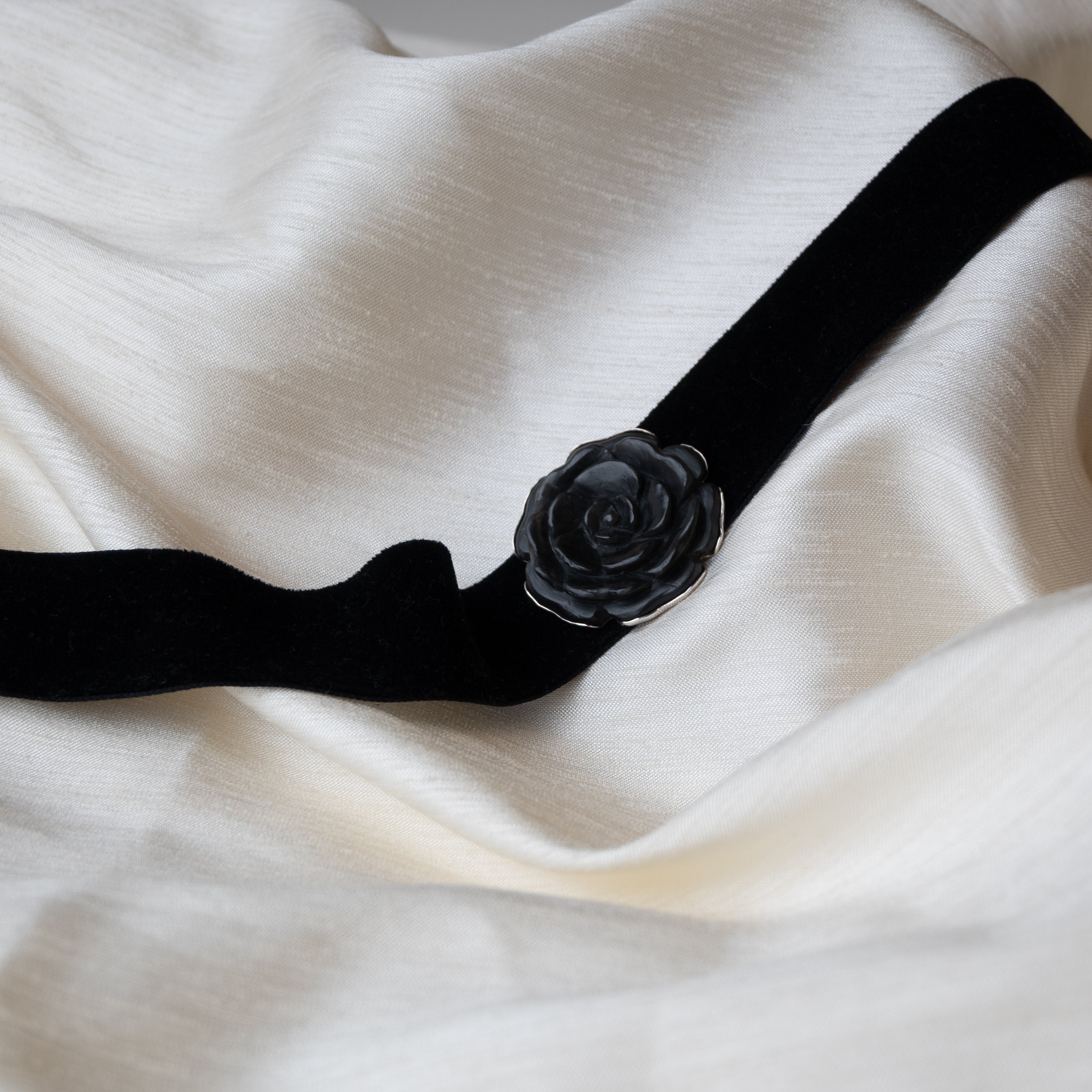 Alexandra Temple, Velvet and Silver Choker with Obsidian Rose