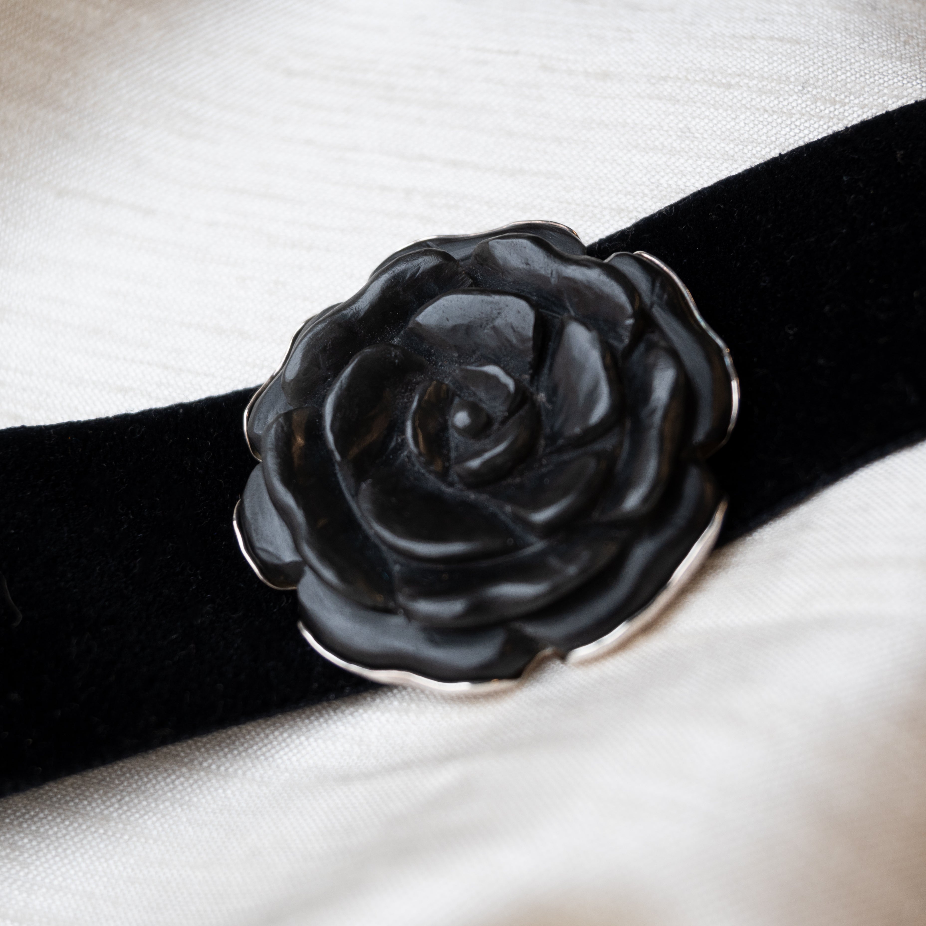 Alexandra Temple, Velvet and Silver Choker with Obsidian Rose