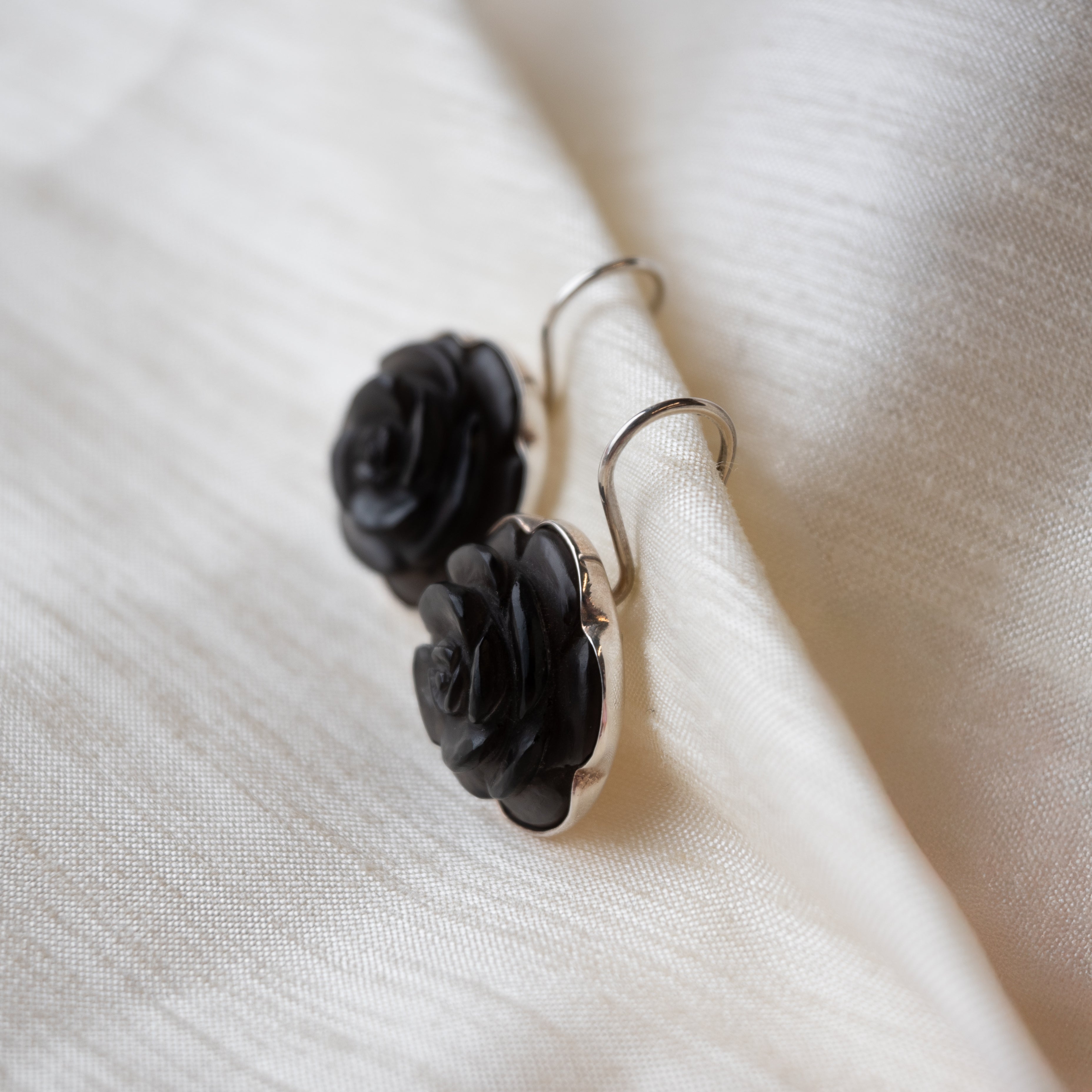 Alexandra Temple, Obsidian Rose Silver Earrings-3