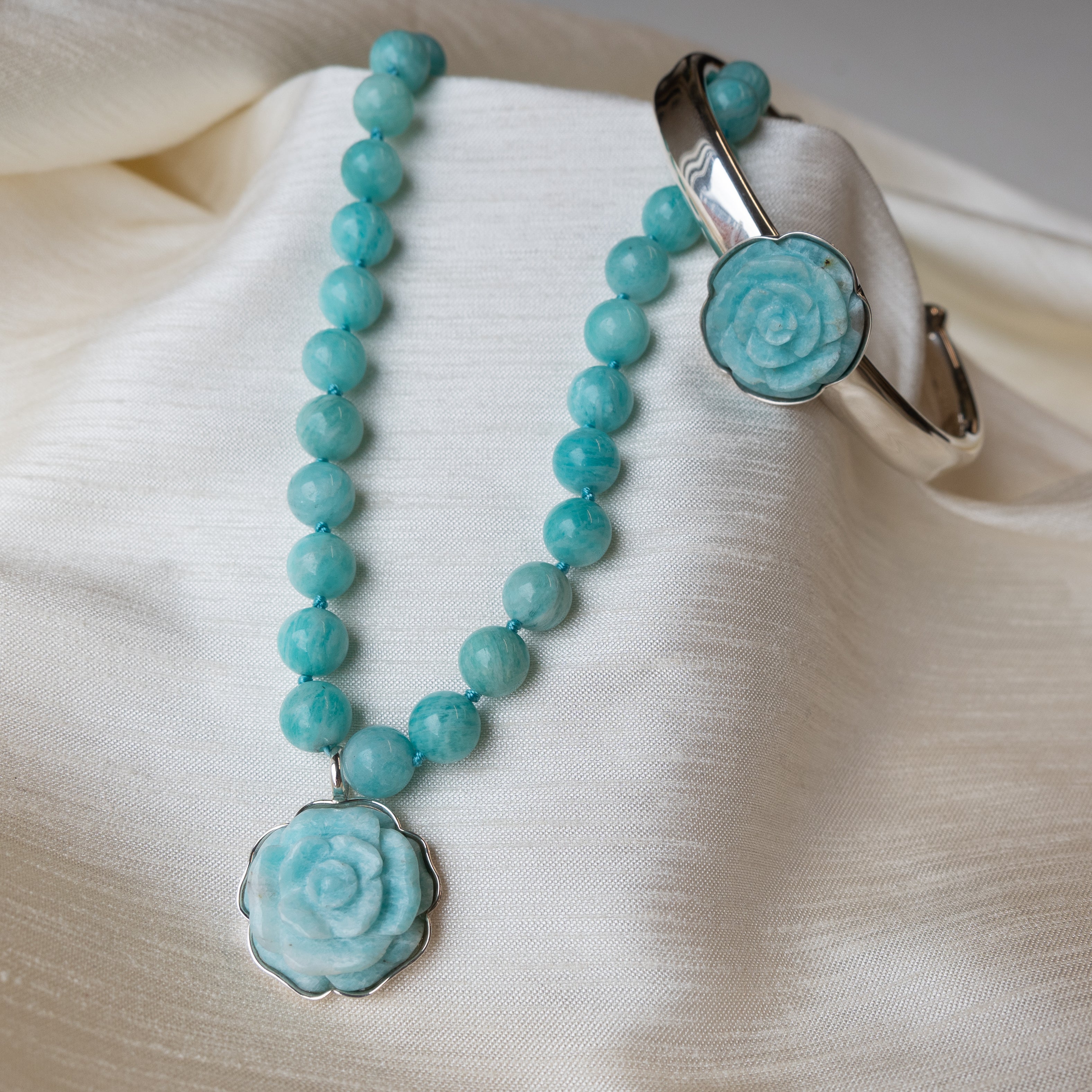 Alexandra Temple, Amazonite Silver Necklace with Rose