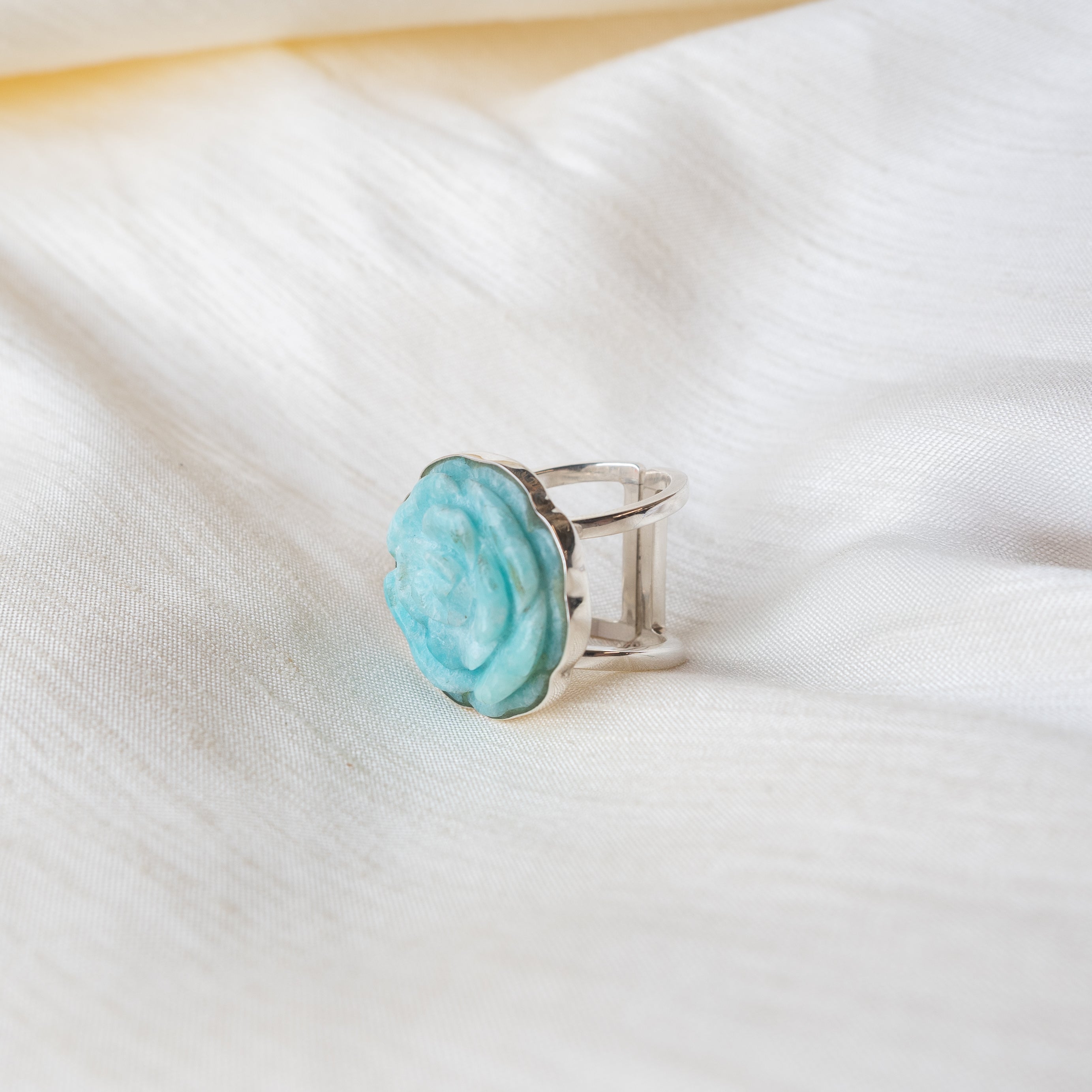 Alexandra Temple, Amazonite Rose Carved Silver Ring
