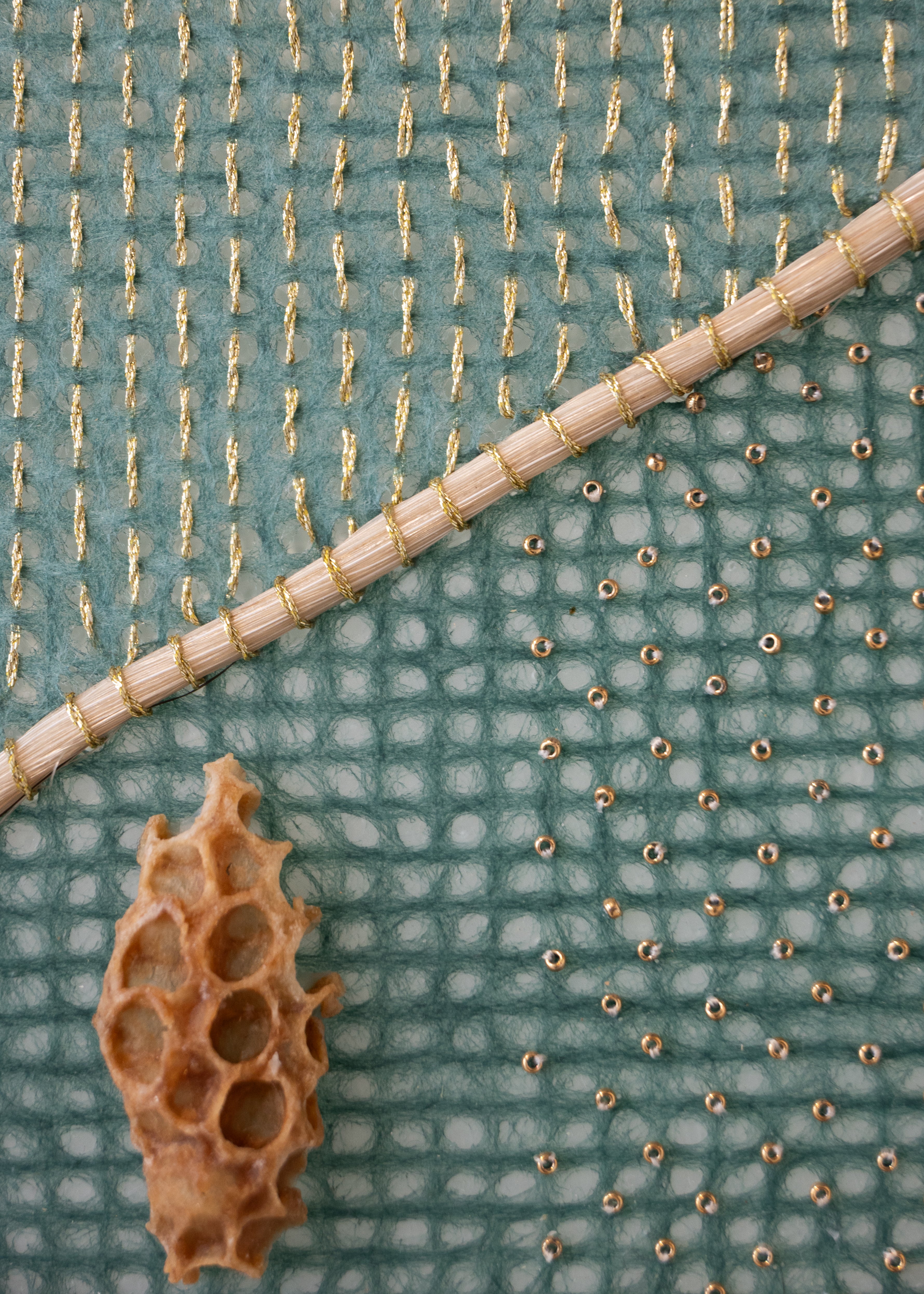 Ava Roth, Burr Comb and Horse Hair, Green and Gold
