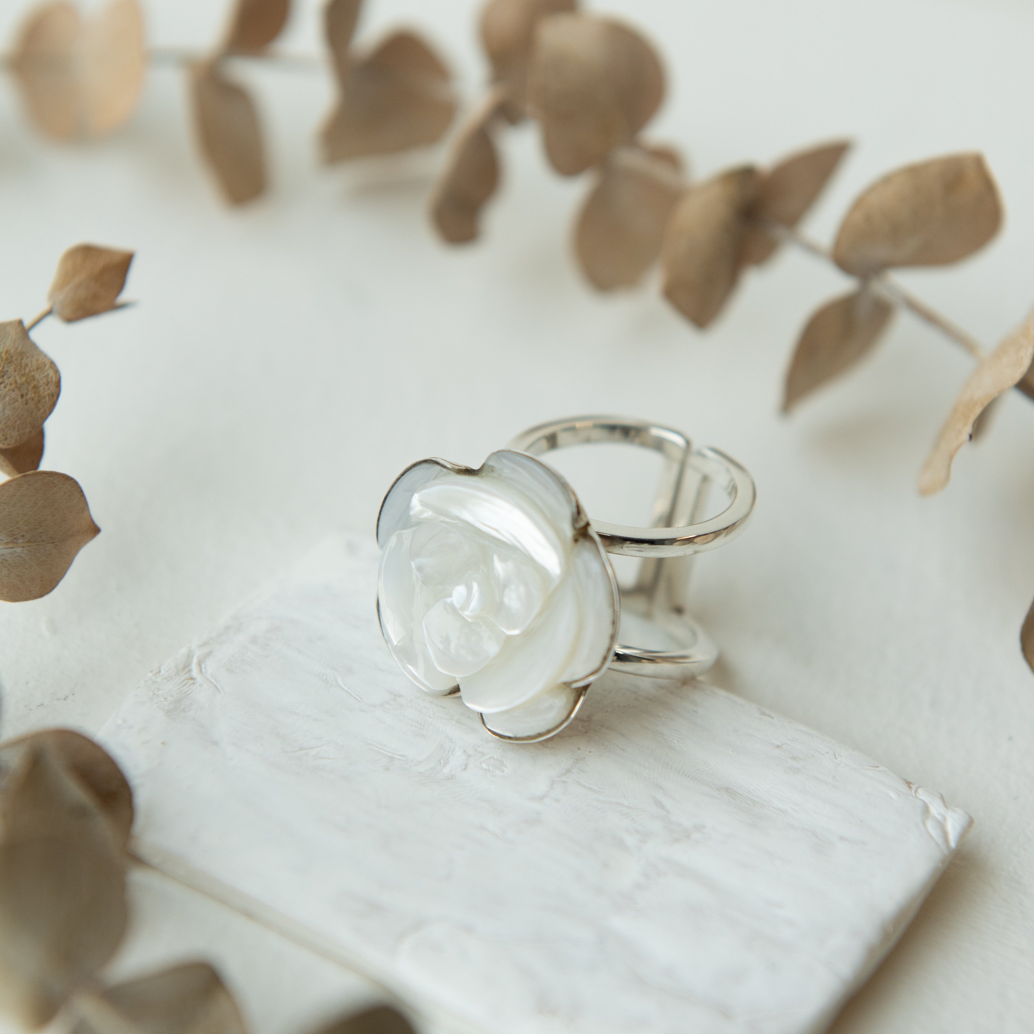 Alexandra Temple, Mother of Pearl Rose Carved Ring
