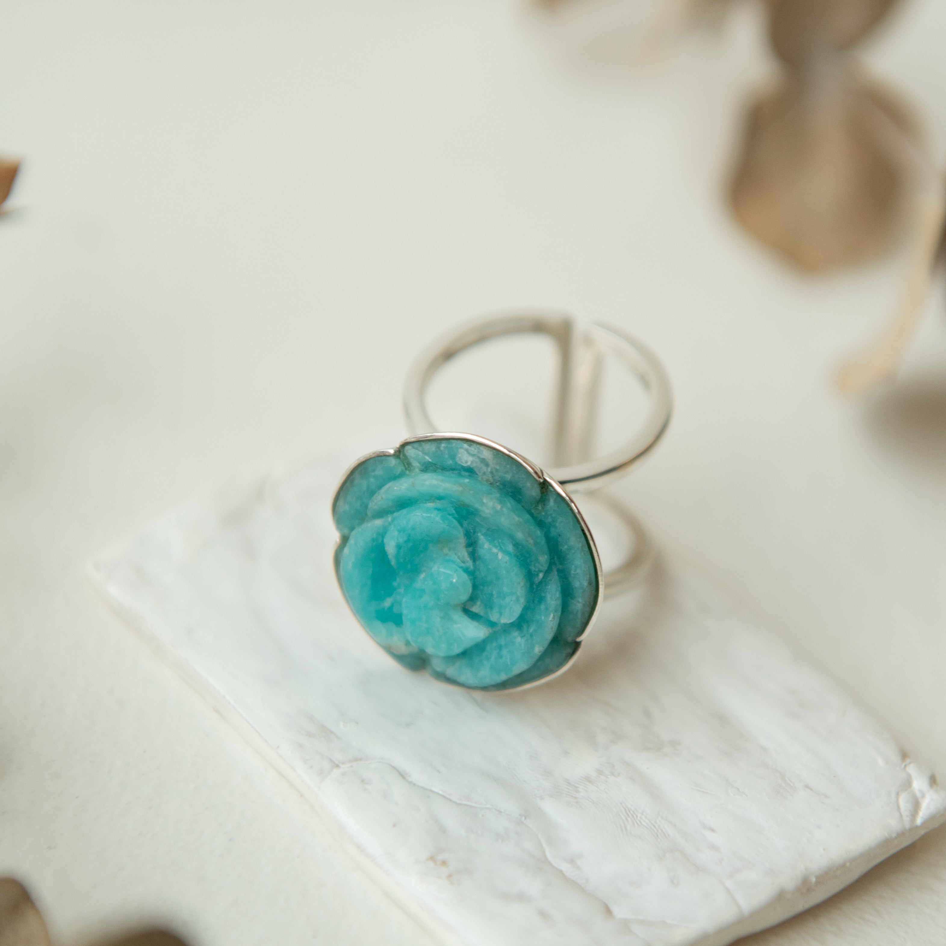 Alexandra Temple, Amazonite Rose Carved Silver Ring