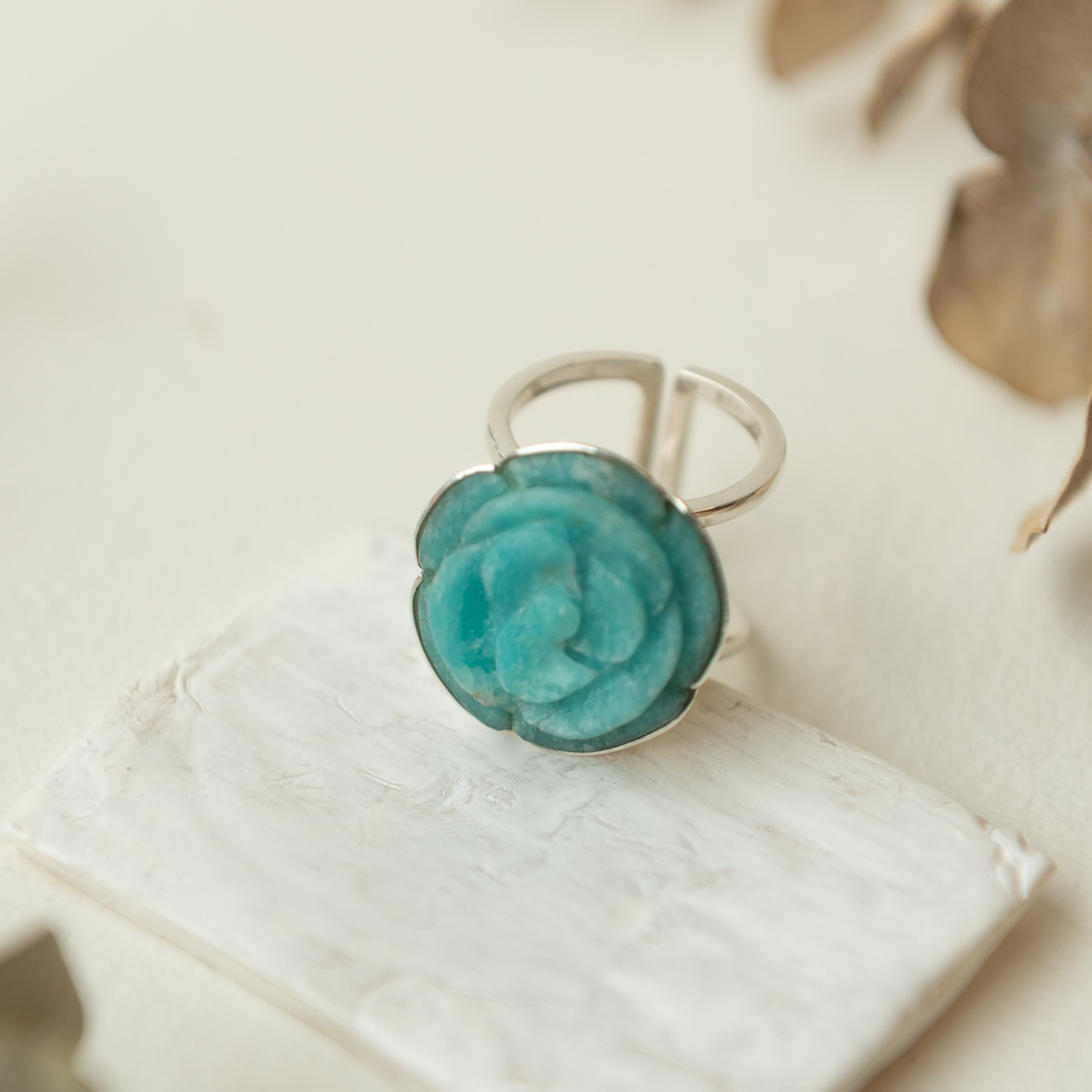 Alexandra Temple, Amazonite Rose Carved Silver Ring-3