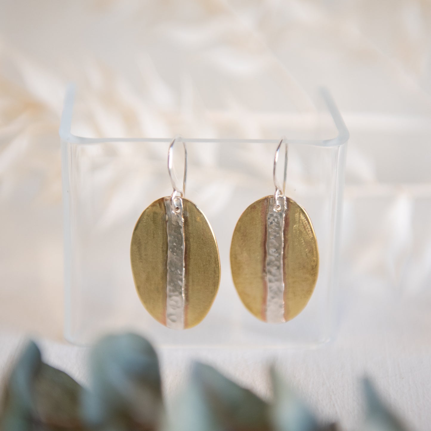 Galili Ellis, Brass and Silver Applique Oval Dangle Earrings