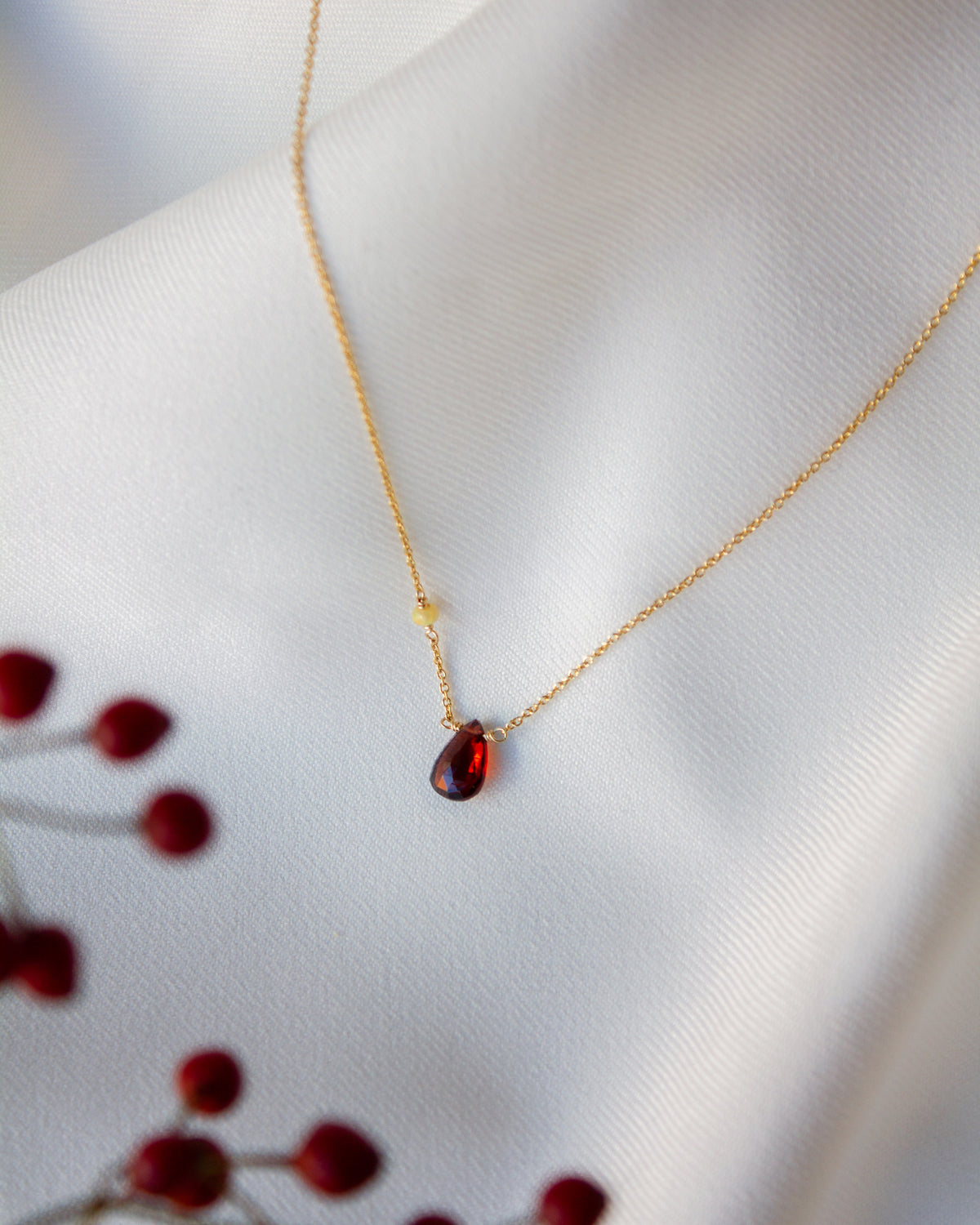 Kathryn Rebecca, Garnet Pear Gold Necklace-1