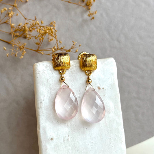 Kathryn Rebecca, Large Cushion Drop Rose Quartz Earrings