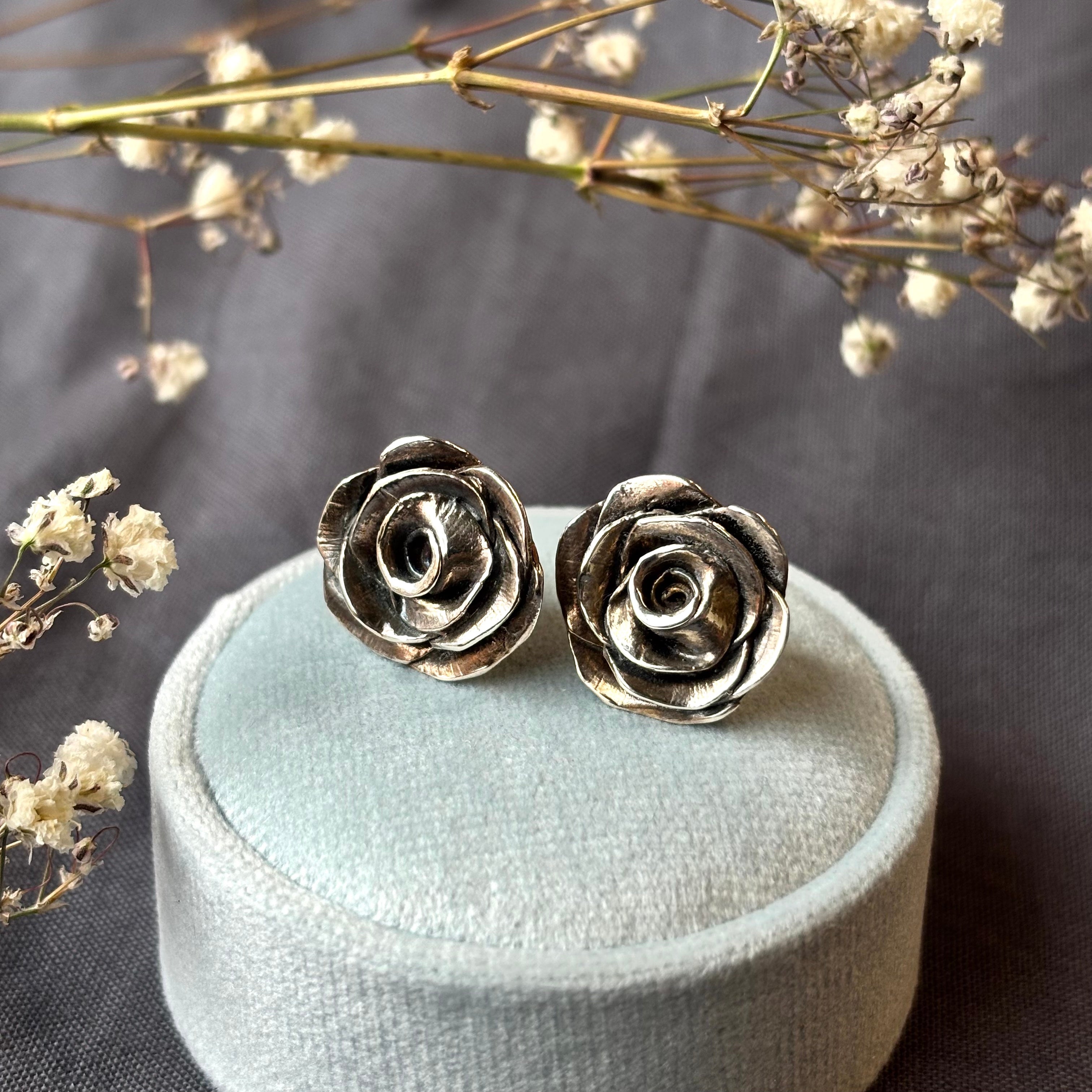 Kathryn Rebecca, Oxidized Silver Rose Earrings