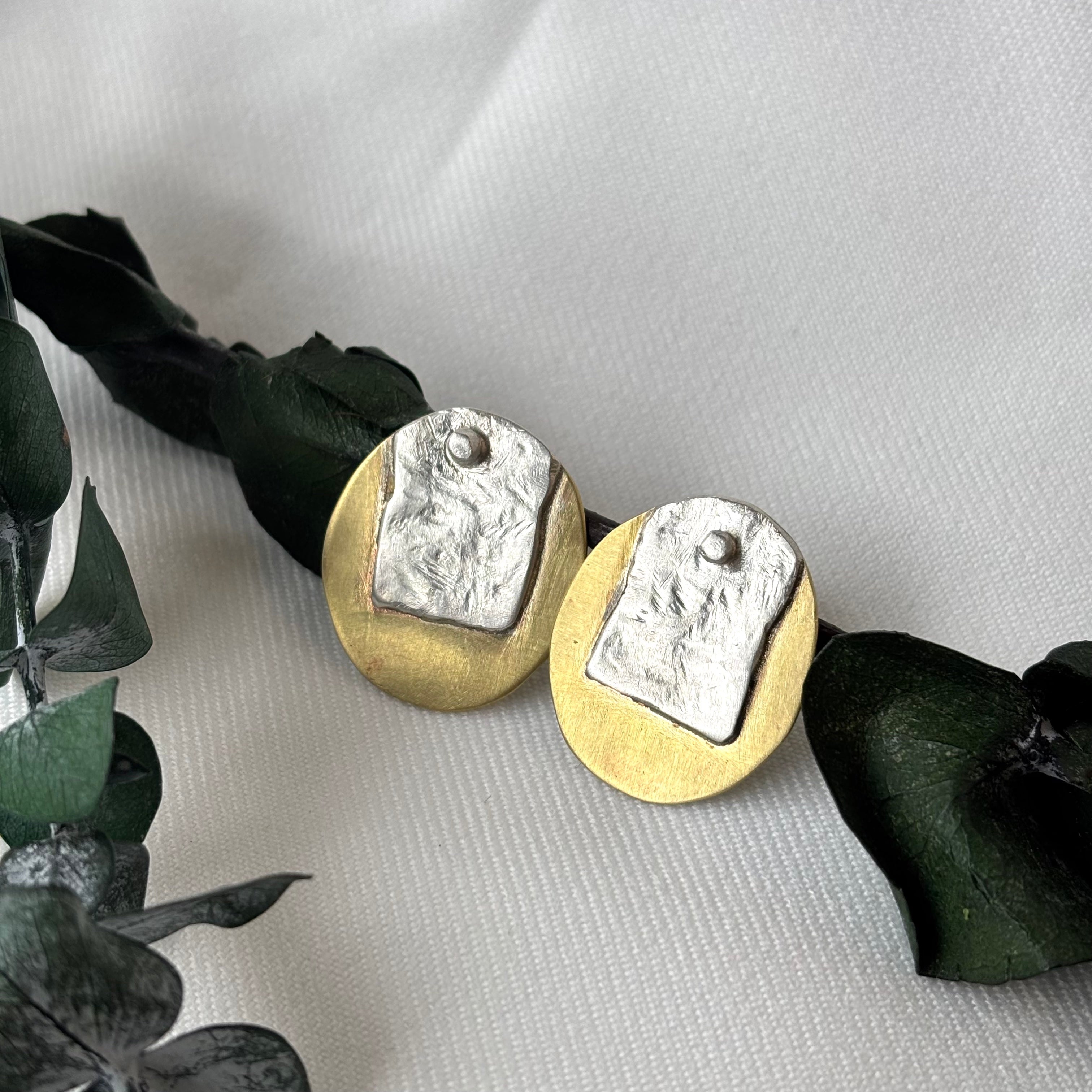 Galili Ellis, Oval Brass and Silver Appliqué Stud Earrings