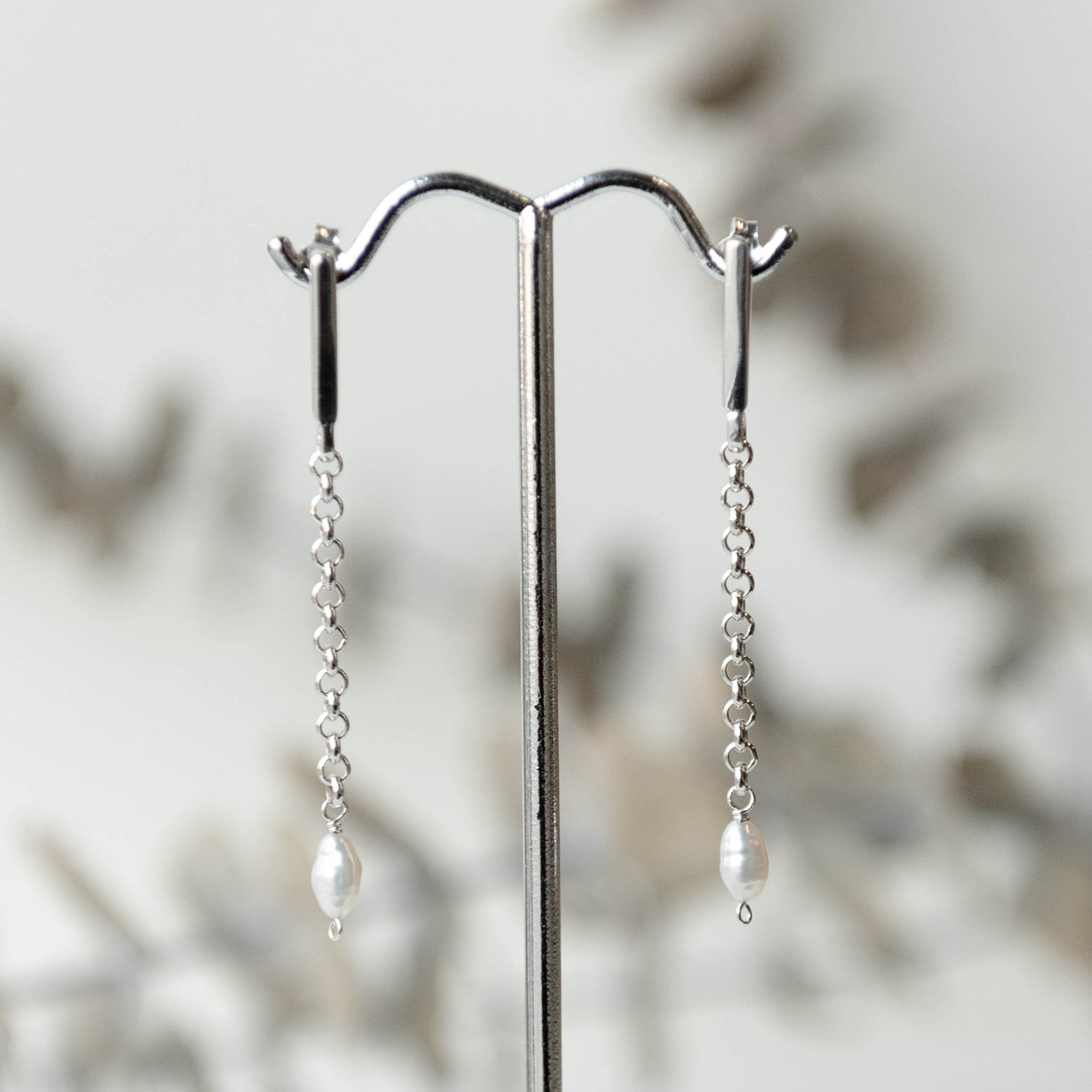 Brenda Wong, Pearl on Silver Chain Earrings