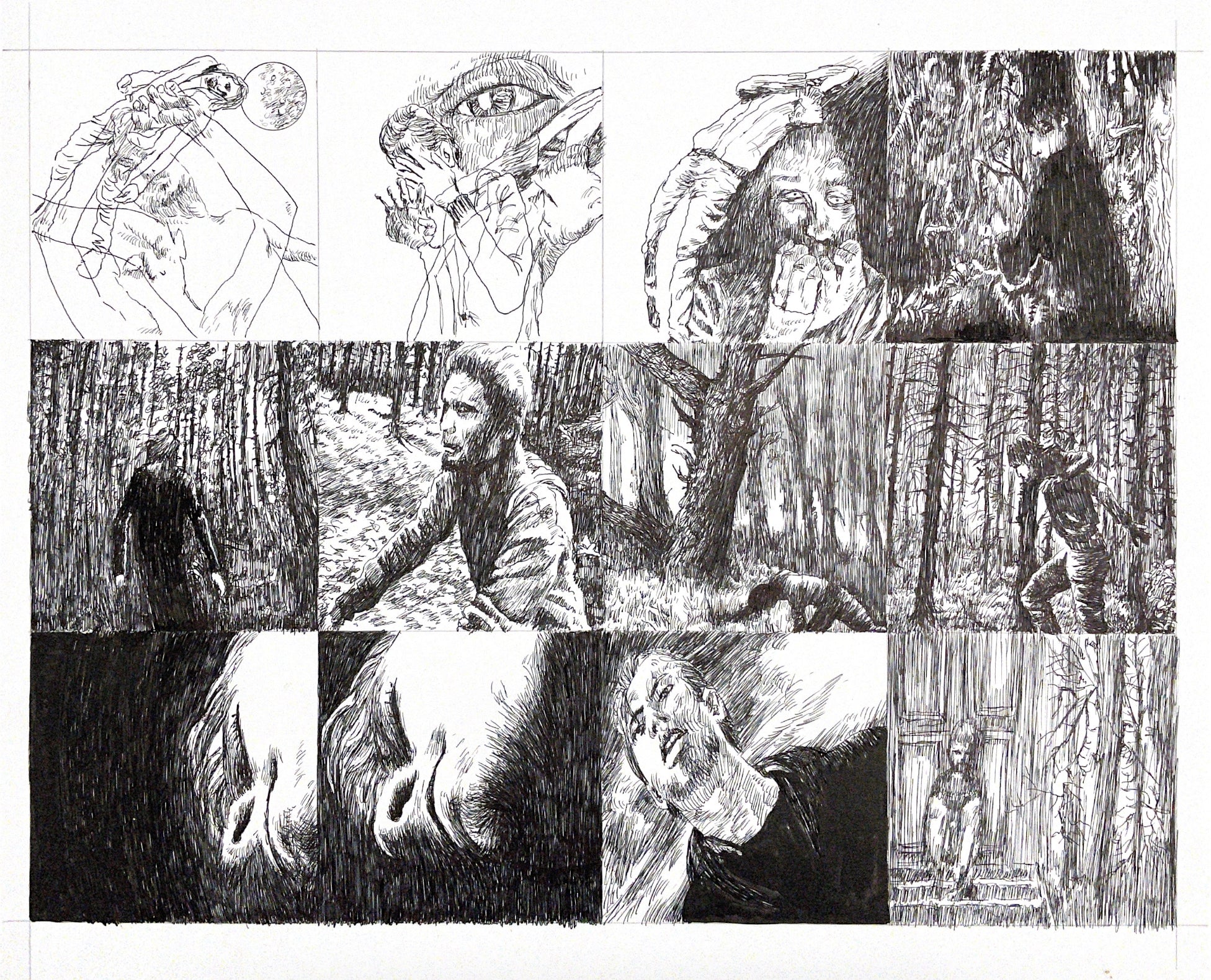 Graphic novel panels, featuring ink drawings, people, still images, woods and movement.