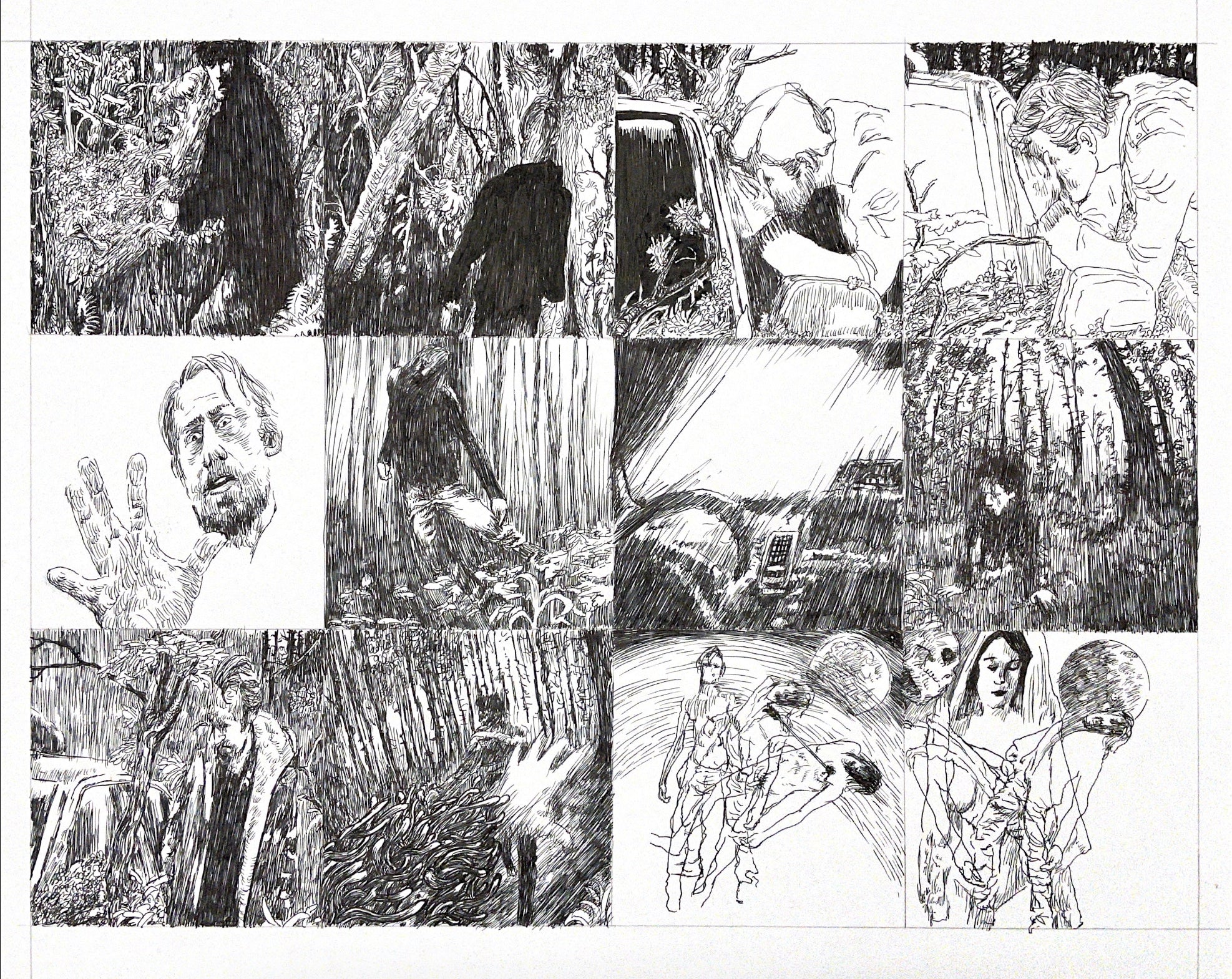 Graphic novel panels, featuring ink drawings, people, woods and movement.