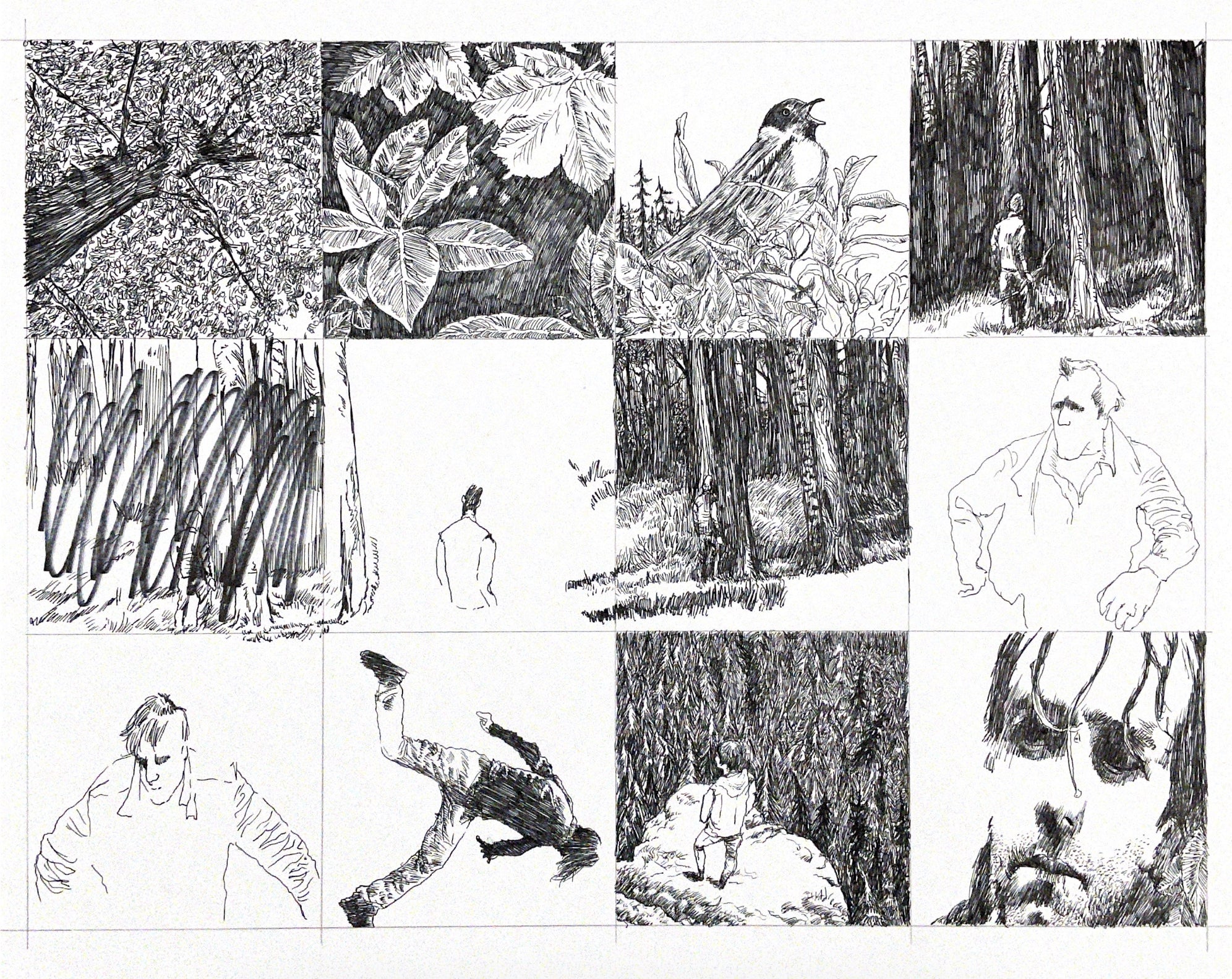 Graphic novel panels, featuring ink drawings, people, woods and movement.